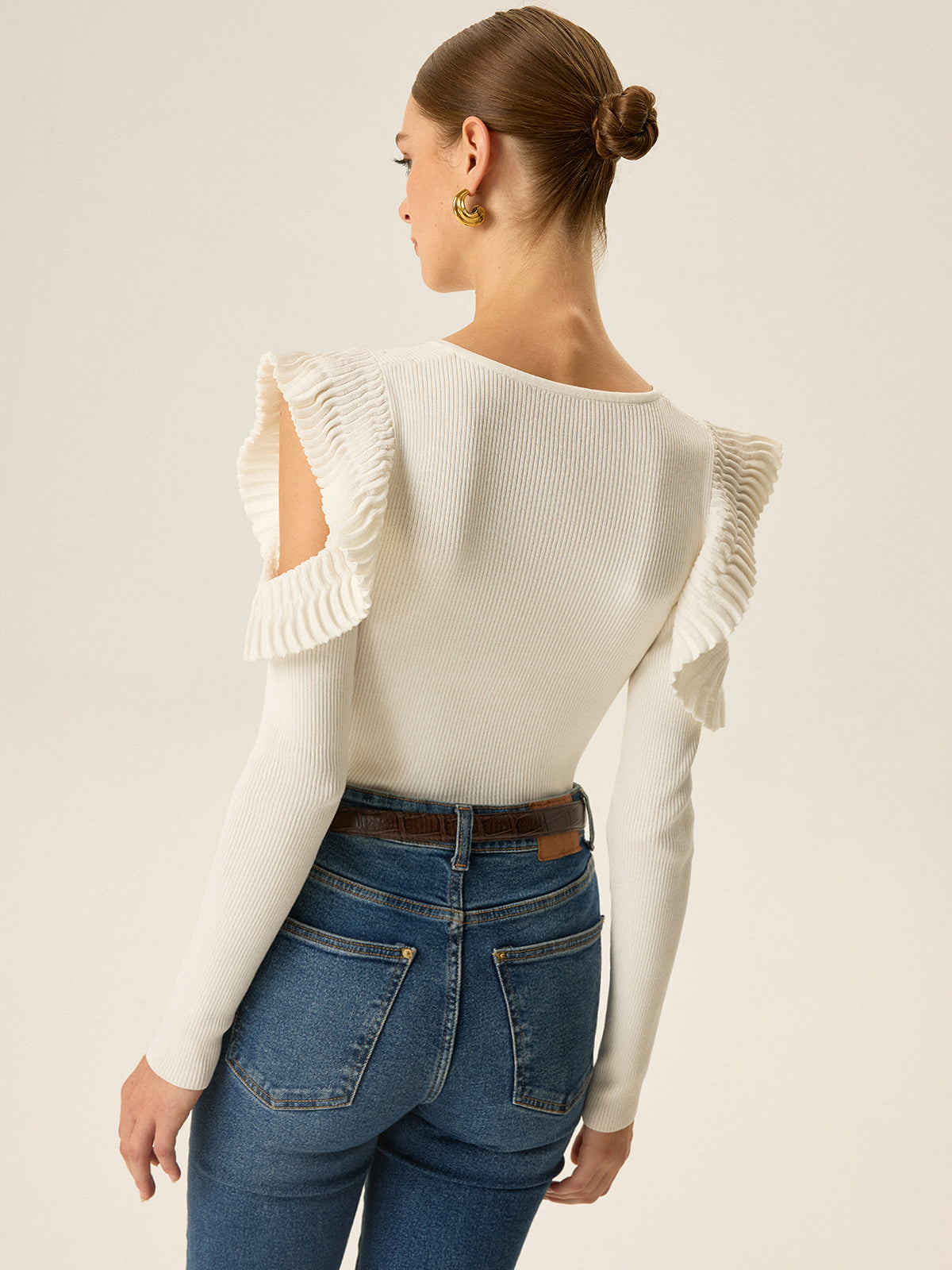 Cold Shoulder Ruffle V-Neck Knit Top-Massicos