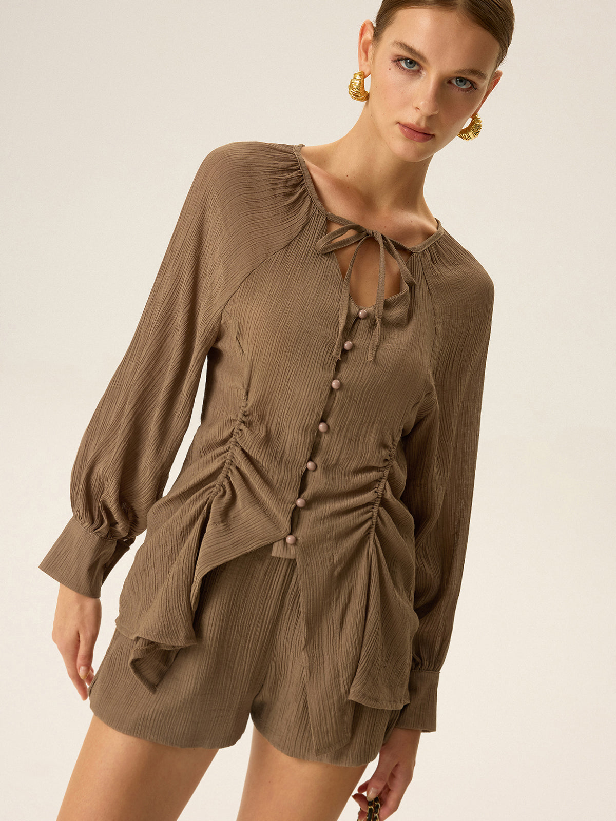 Ruched V-Neck Textured Shorts Set-Massicos