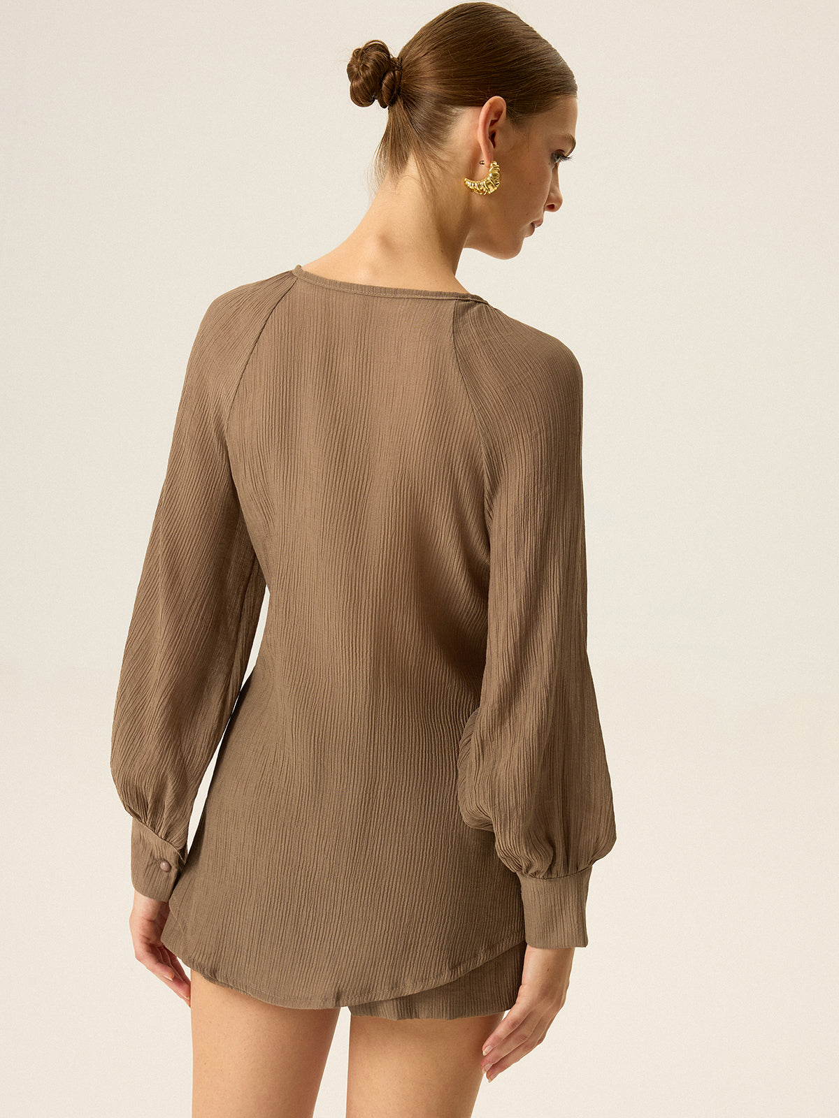 Ruched V-Neck Textured Shorts Set-Massicos