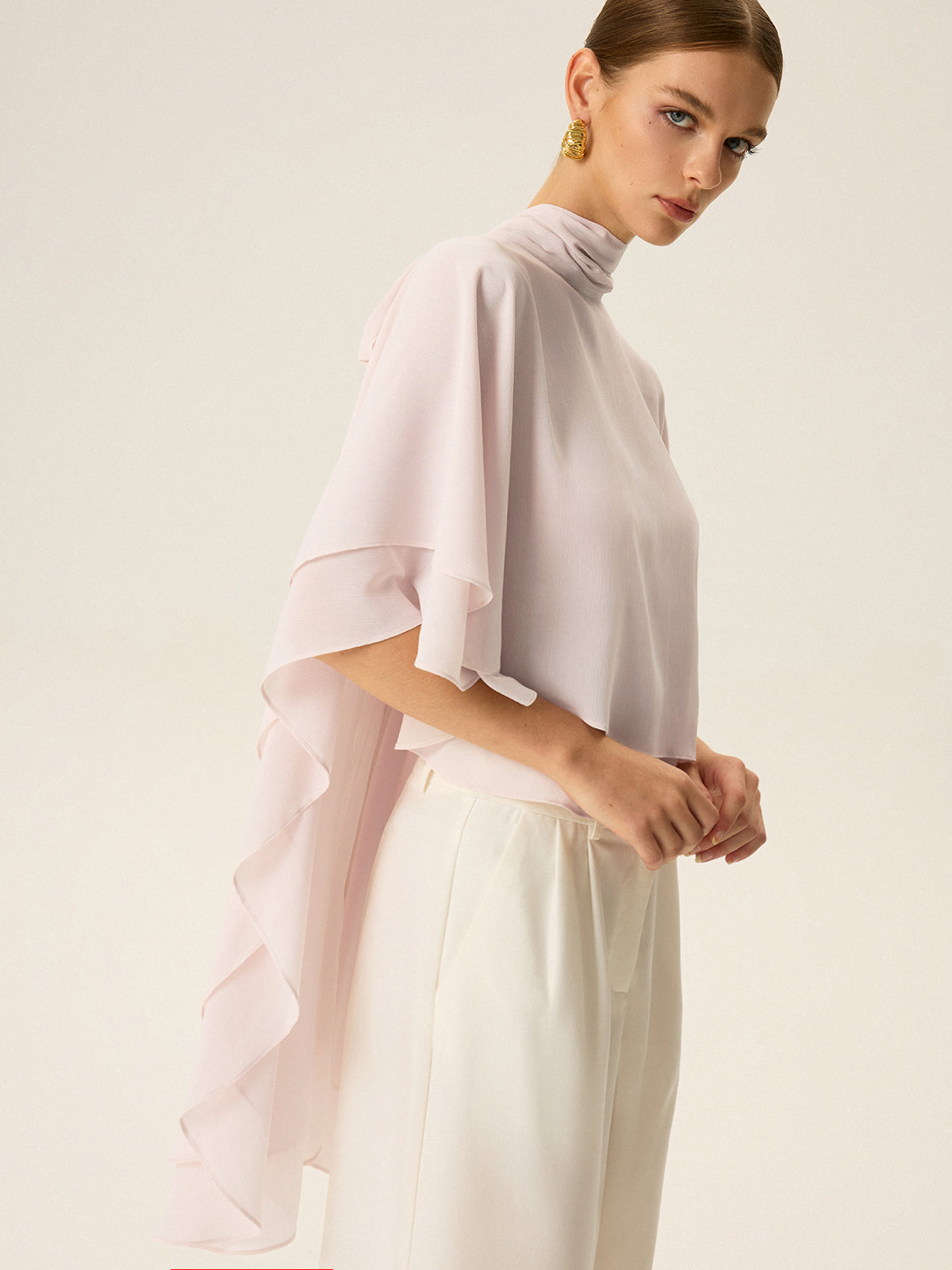 Semi-Sheer Chiffon High-Neck Tiered Cape Top-Massicos