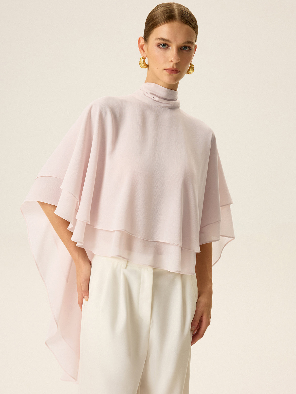 Semi-Sheer Chiffon High-Neck Tiered Cape Top-Massicos
