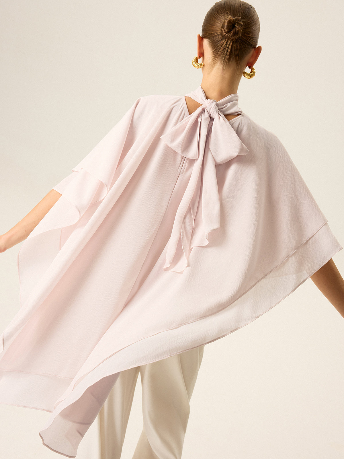 Semi-Sheer Chiffon High-Neck Tiered Cape Top-Massicos