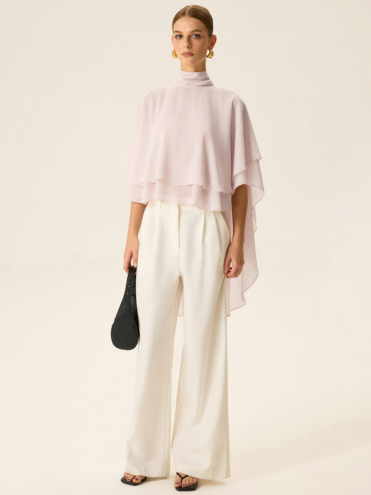 Semi-Sheer Chiffon High-Neck Tiered Cape Top-Massicos