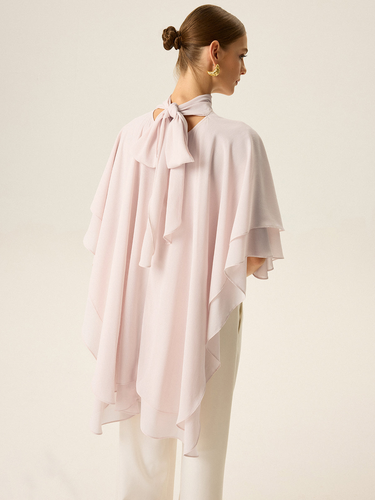Semi-Sheer Chiffon High-Neck Tiered Cape Top-Massicos