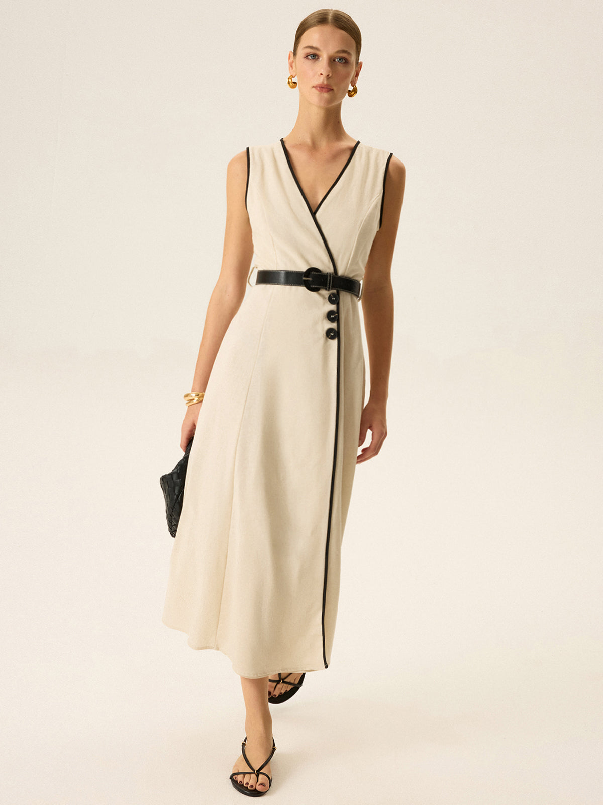 Contrast Trim Belted Midi Dress-Massicos