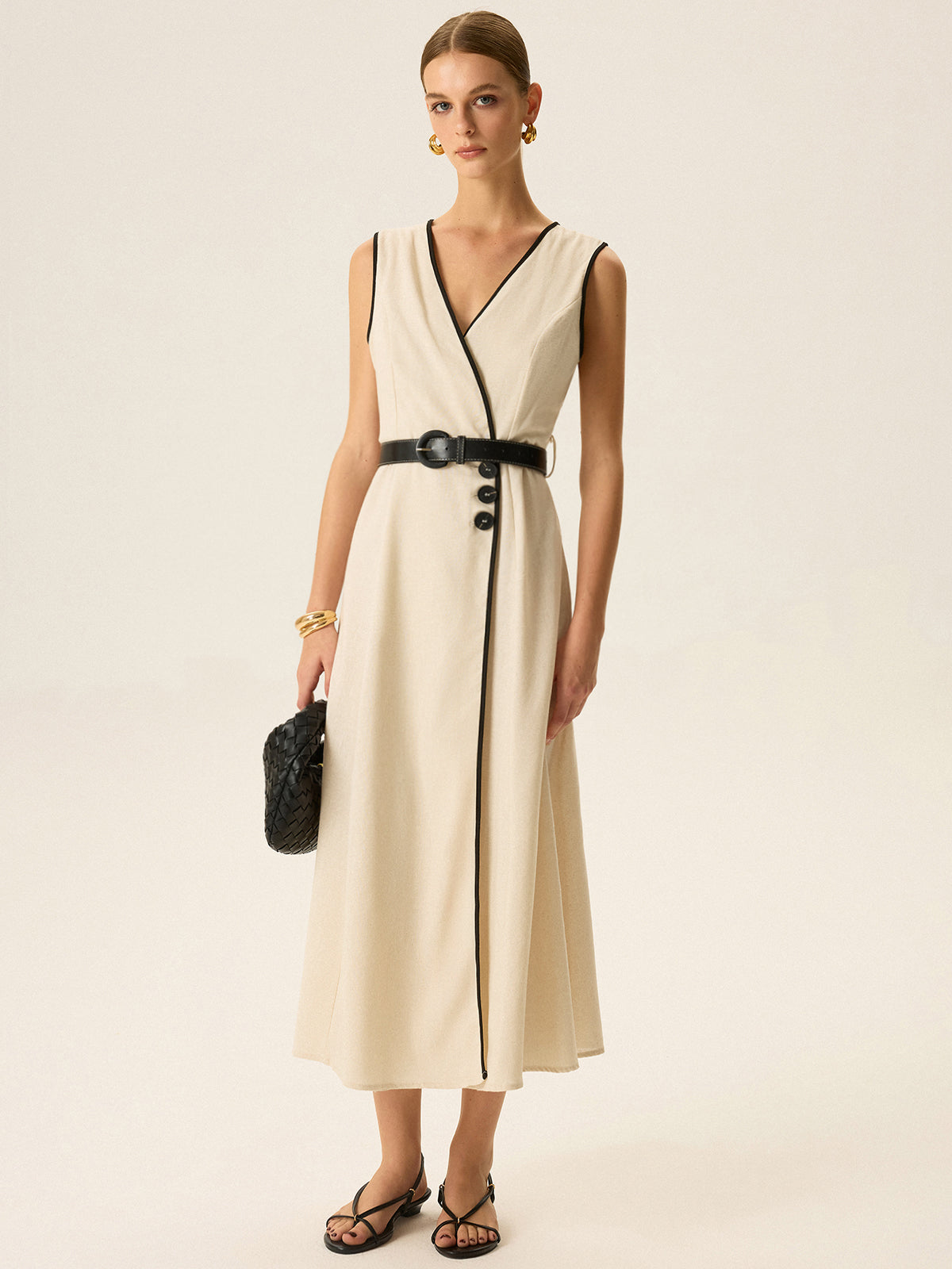 Contrast Trim Belted Midi Dress-Massicos
