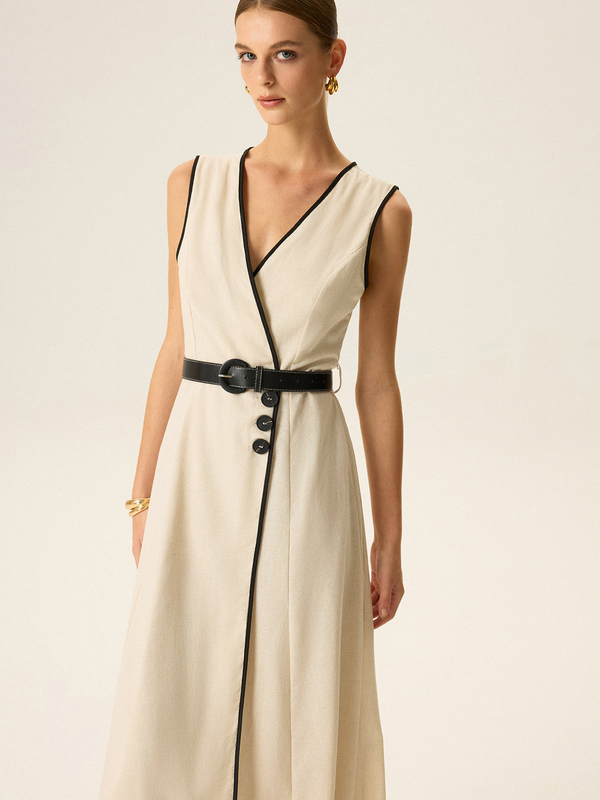 Contrast Trim Belted Midi Dress-Massicos