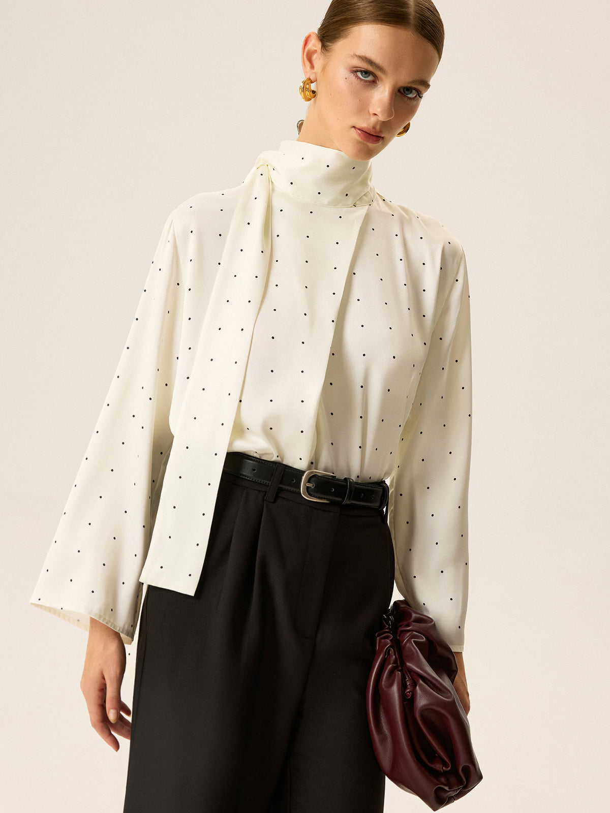 Polka Dot Satin High-Neck Blouse-Massicos