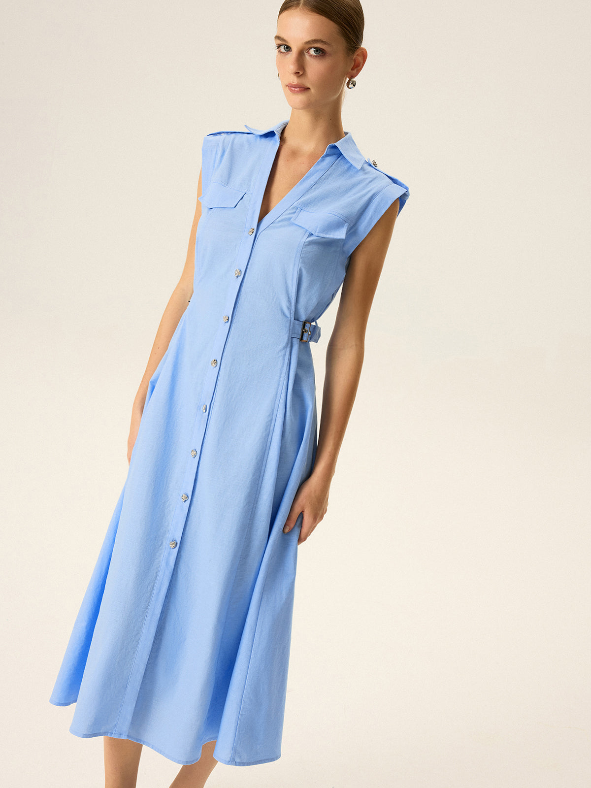 Linen & Cotton V-Neck Midi Dress with Metal Button-Massicos