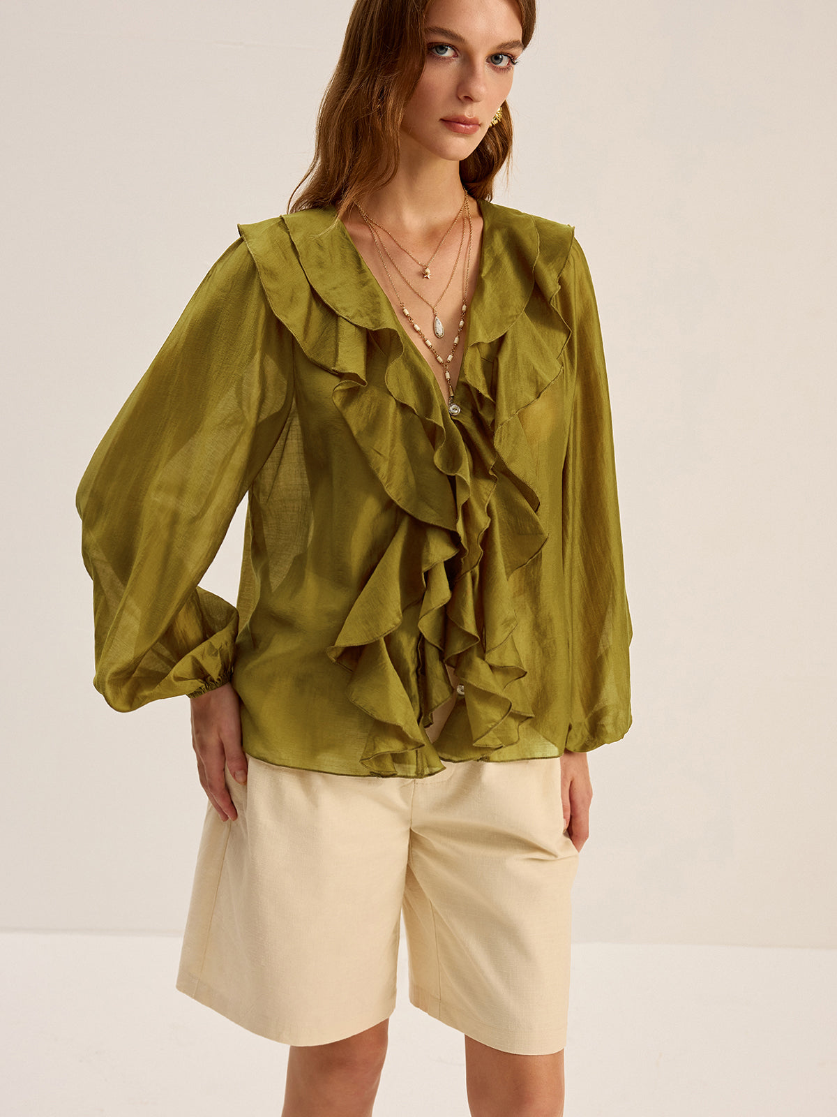 Semi-Sheer Tencel Ruffle Blouse-Massicos