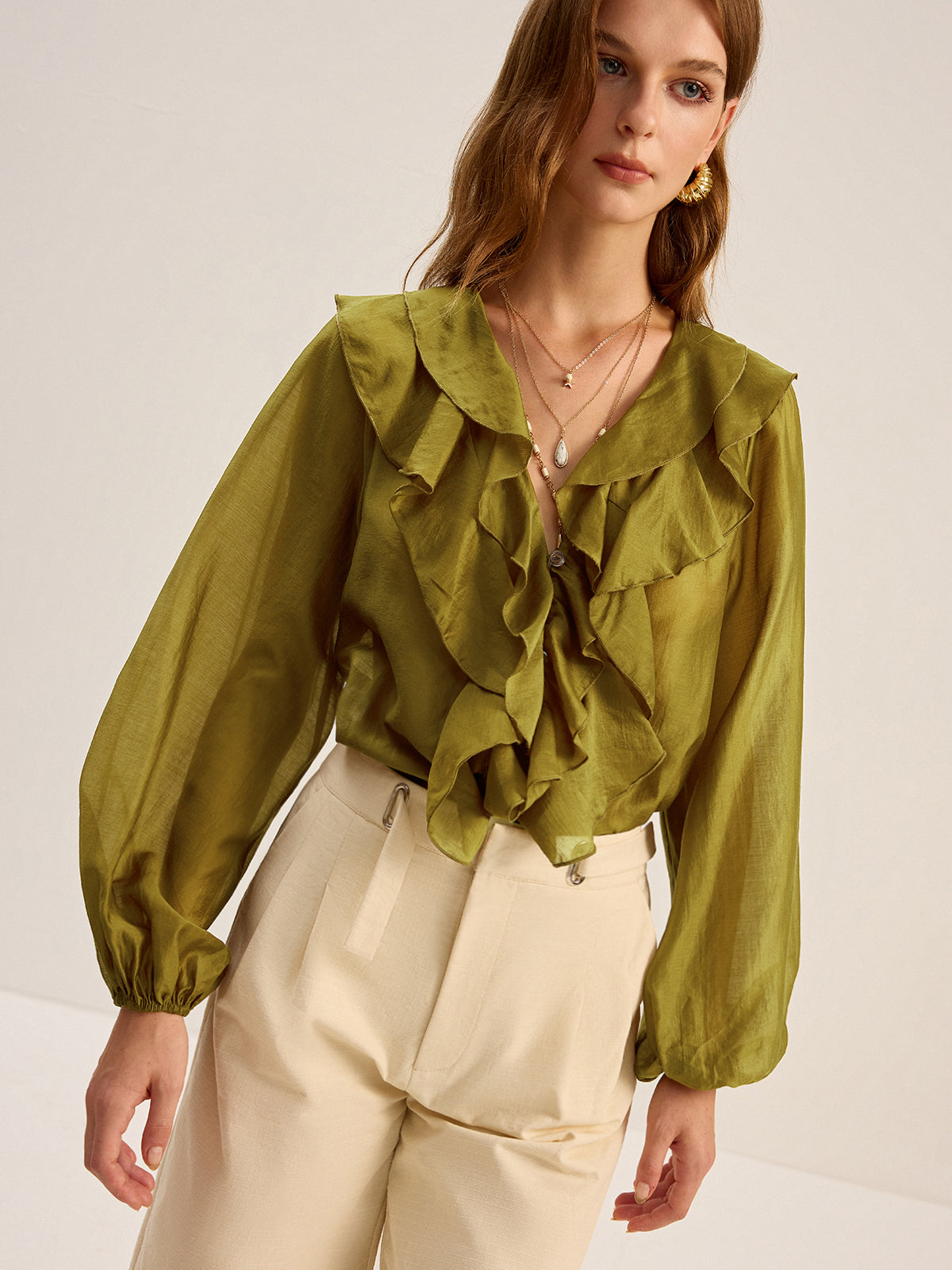 Semi-Sheer Tencel Ruffle Blouse-Massicos