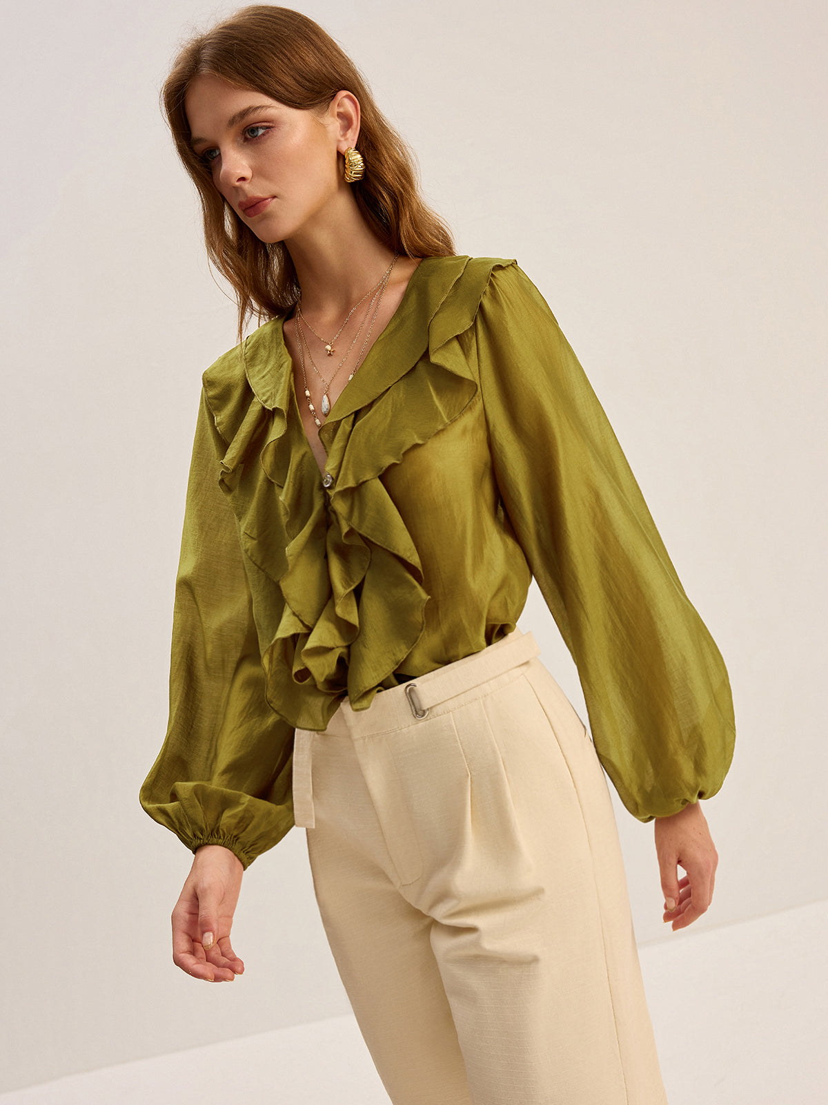 Semi-Sheer Tencel Ruffle Blouse-Massicos