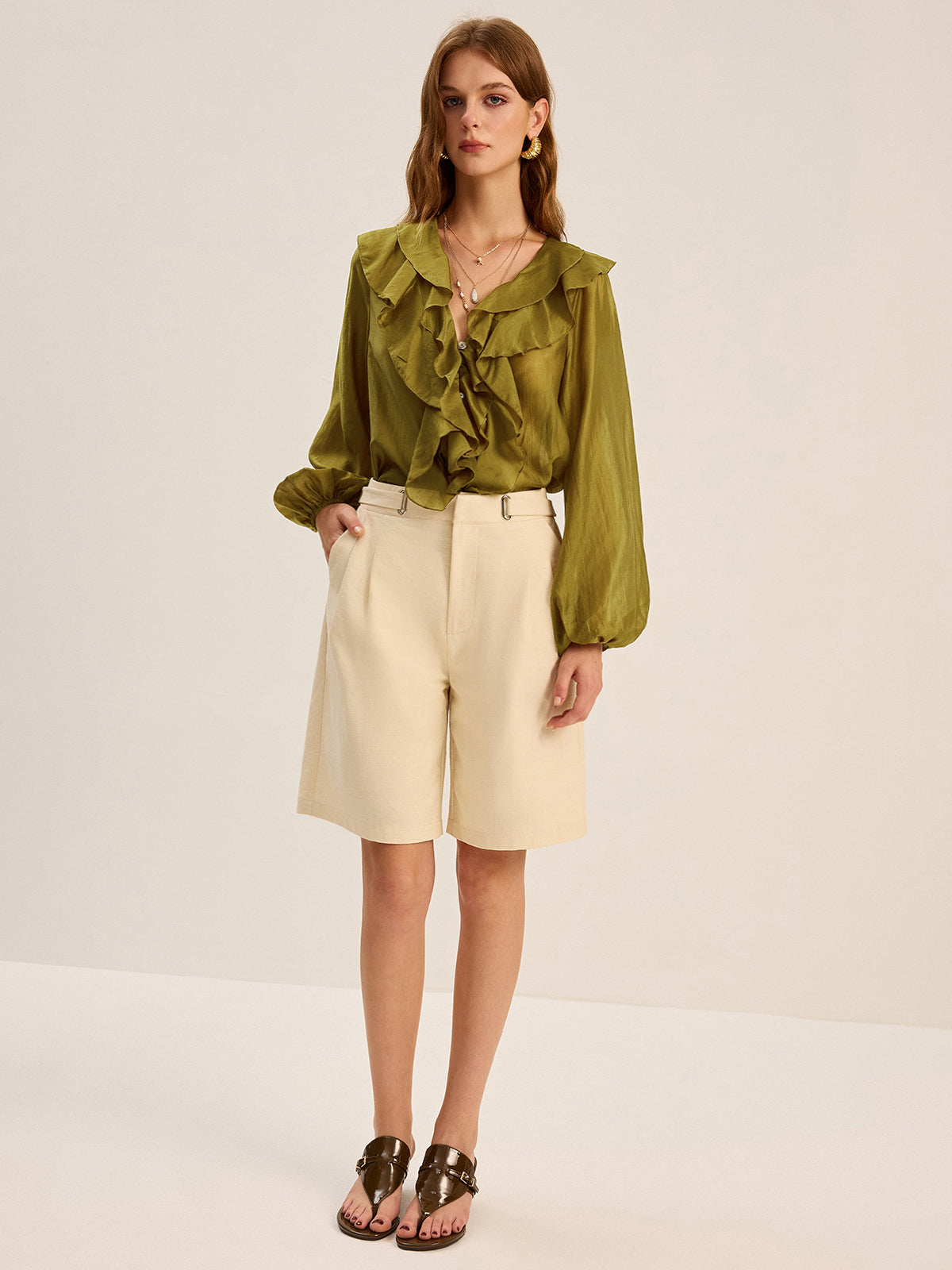 Semi-Sheer Tencel Ruffle Blouse-Massicos