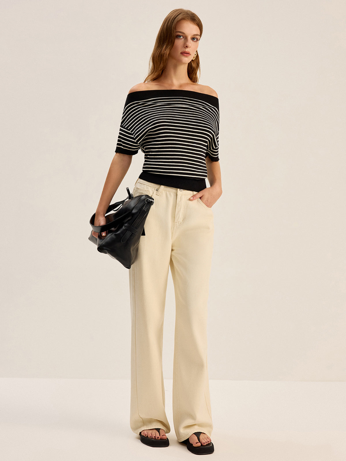 Striped Off-Shoulder Knit Top-Massicos