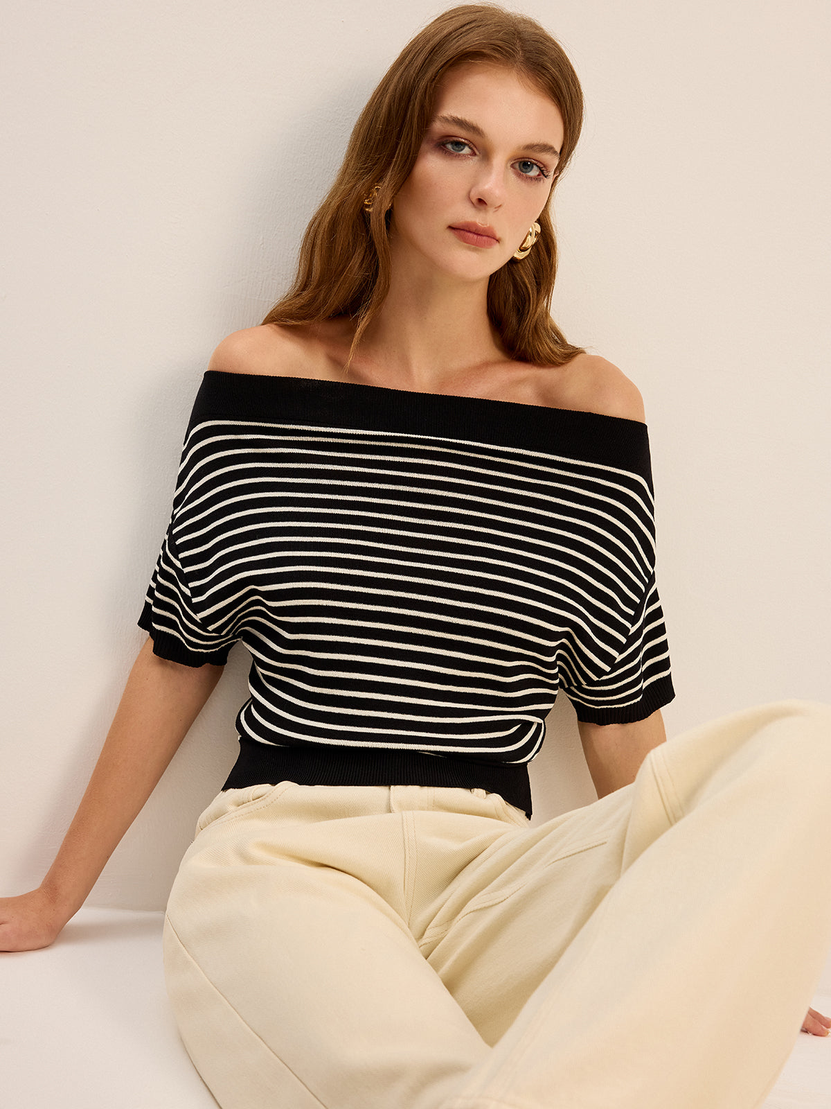 Striped Off-Shoulder Knit Top-Massicos