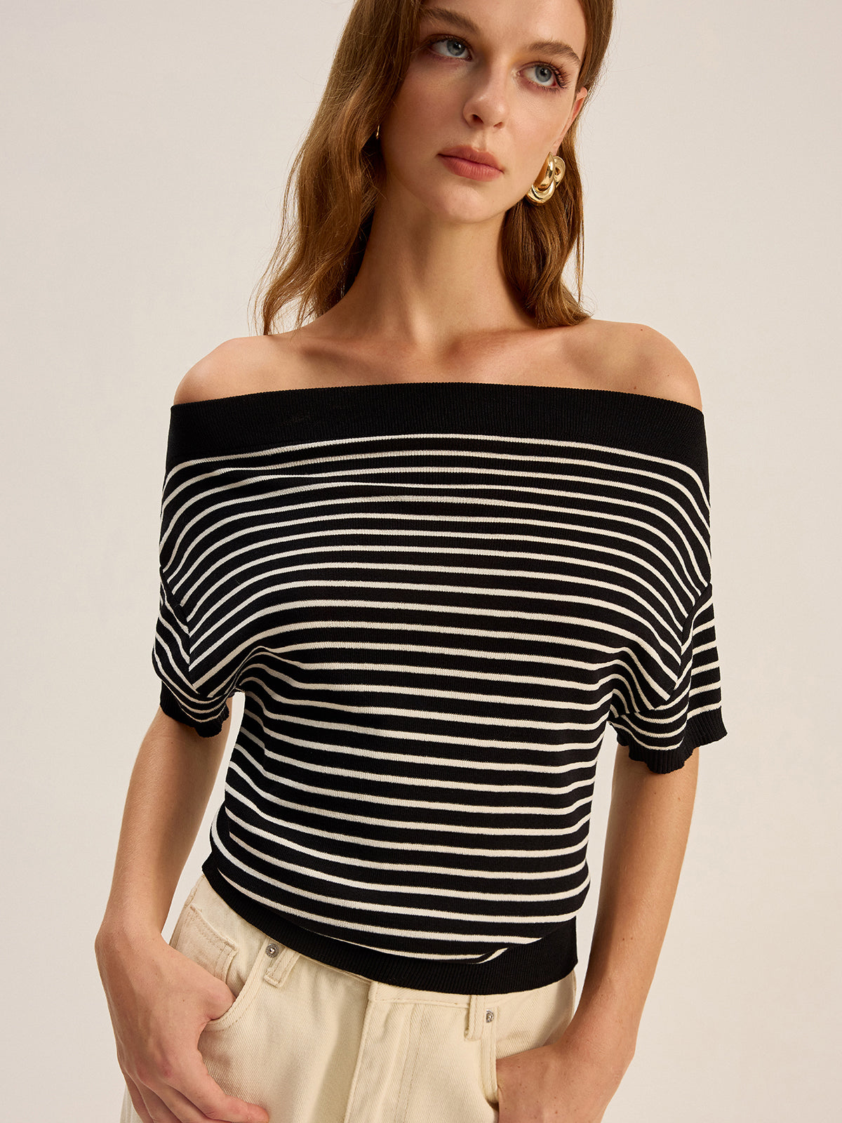 Striped Off-Shoulder Knit Top-Massicos