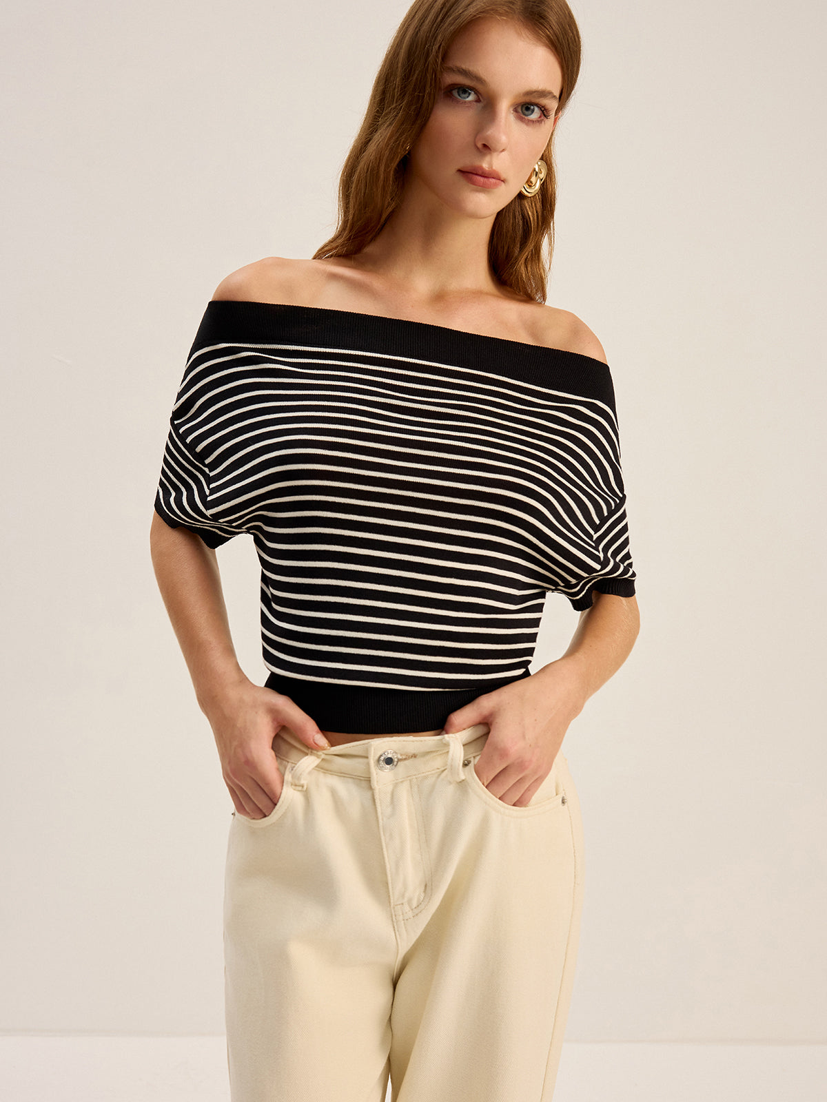 Striped Off-Shoulder Knit Top-Massicos