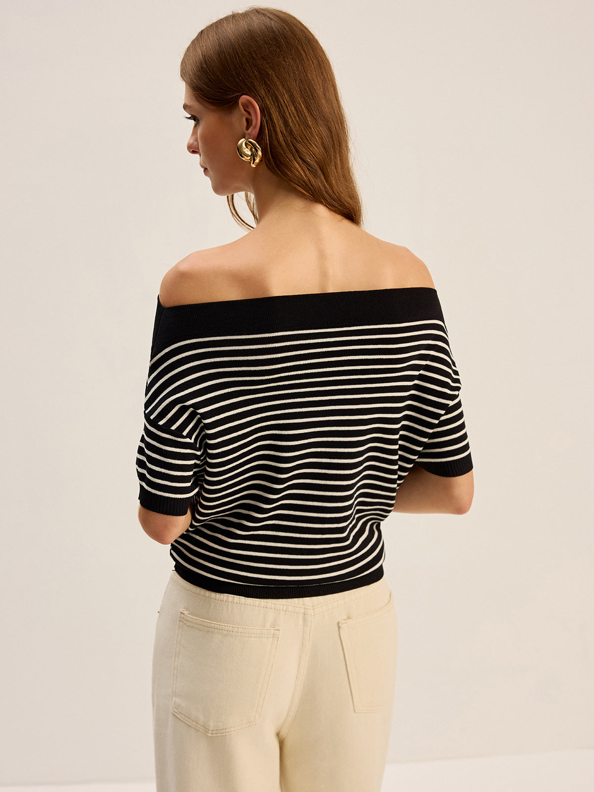 Striped Off-Shoulder Knit Top-Massicos