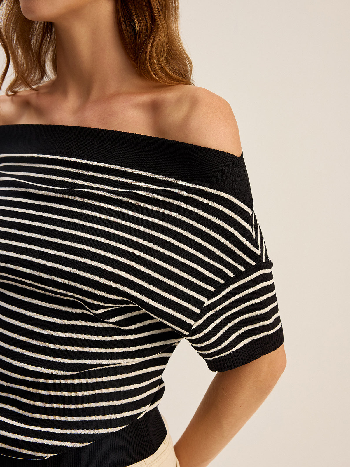 Striped Off-Shoulder Knit Top-Massicos