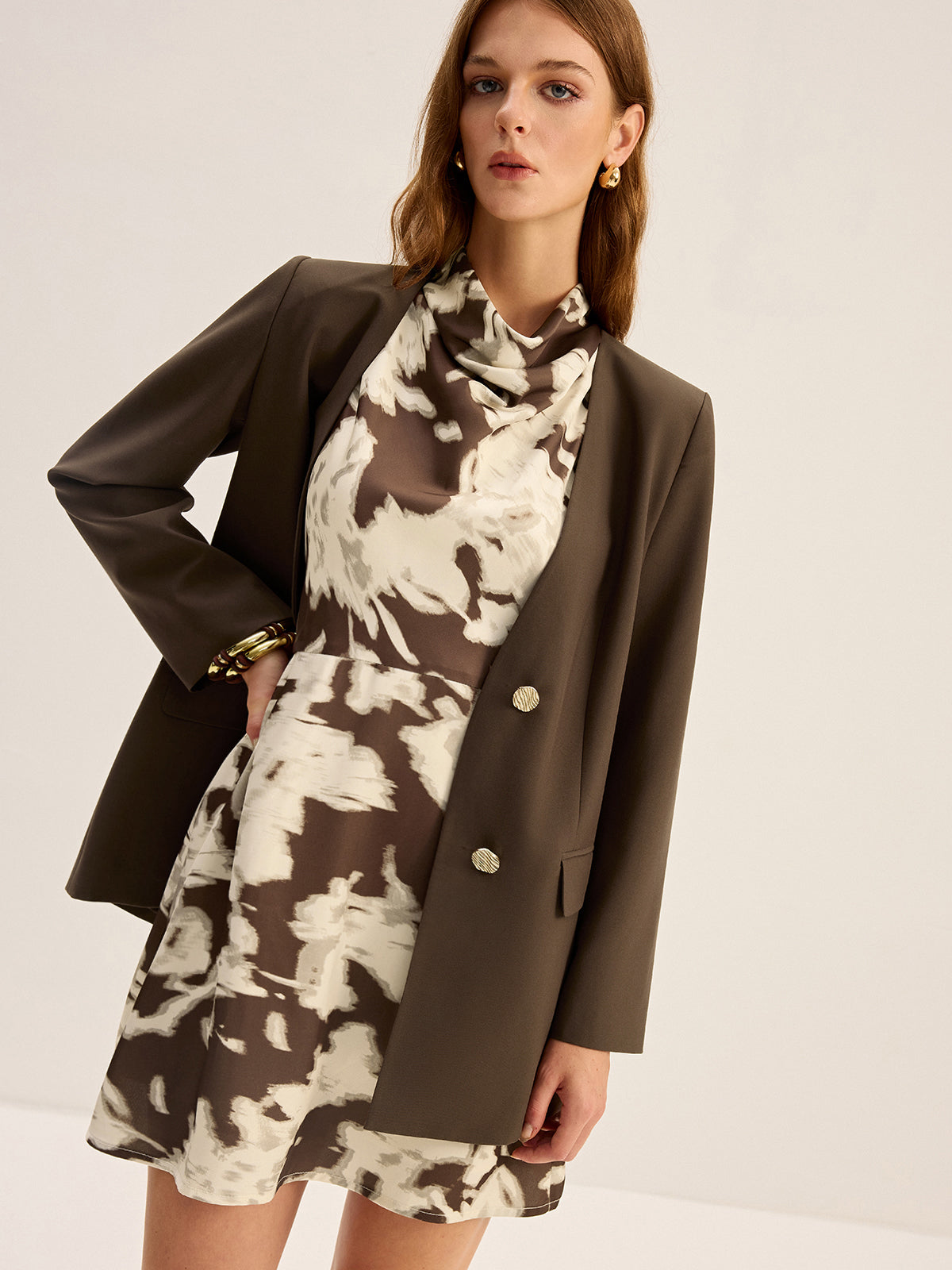 Blurry Print Cowl Neck Mini Dress-Massicos