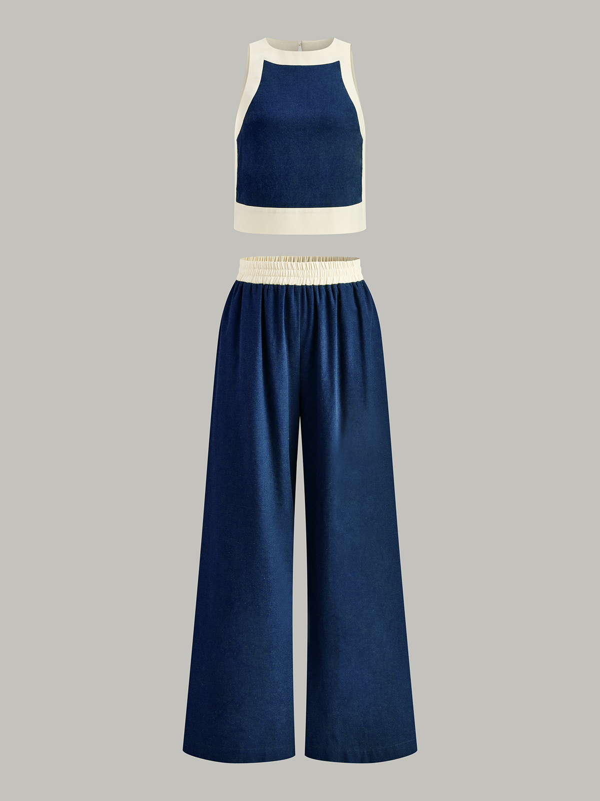 Contrast Trim Crop Top and Wide-Leg Pants Set-Massicos