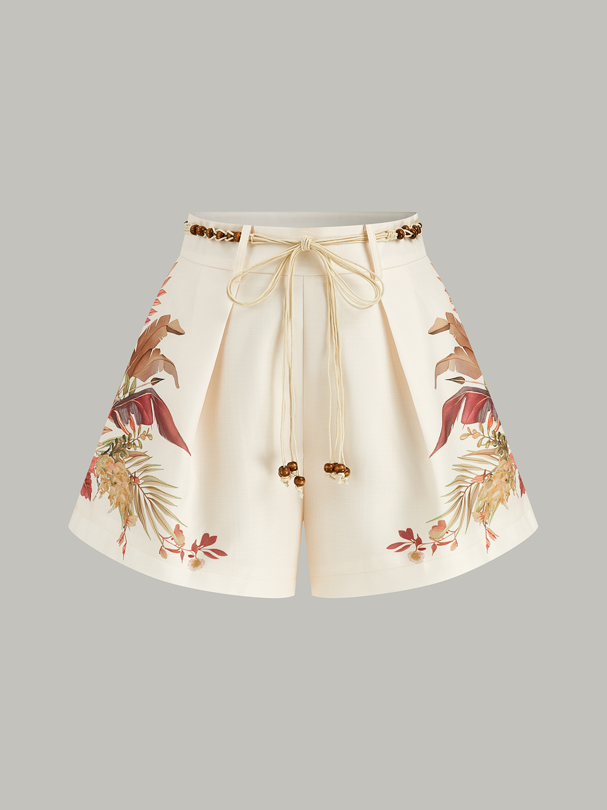 Belted Tropical Print Mid-Waist Shorts-Massicos