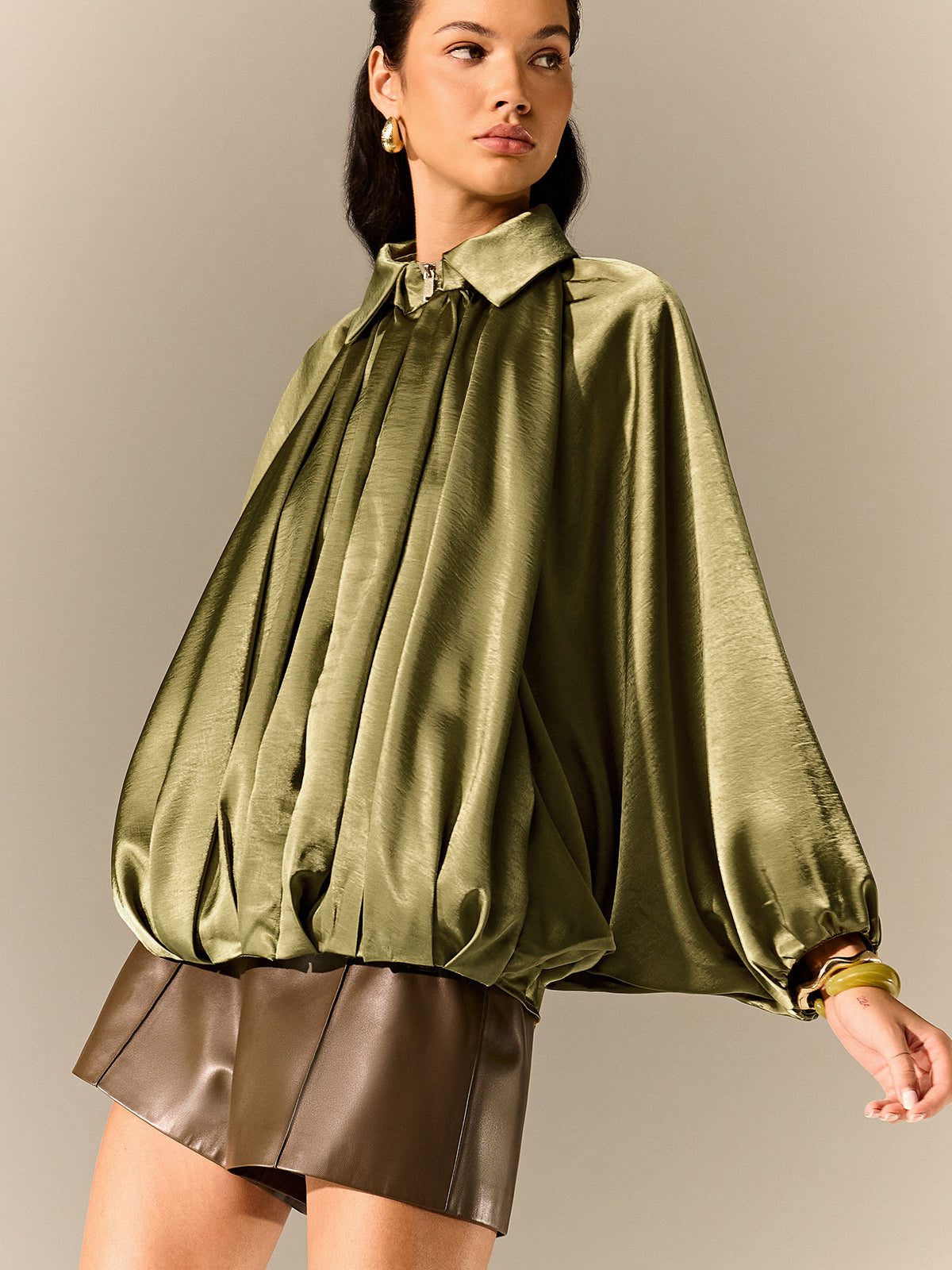 Satin Pleated Lantern-Sleeve Shirt Jacket-Massicos