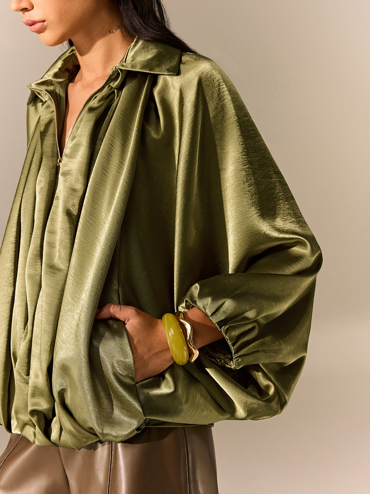 Satin Pleated Lantern-Sleeve Shirt Jacket-Massicos