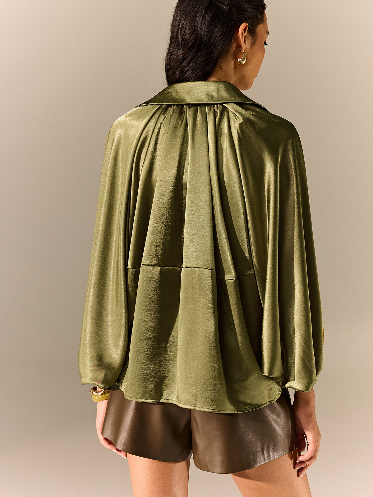 Satin Pleated Lantern-Sleeve Shirt Jacket-Massicos