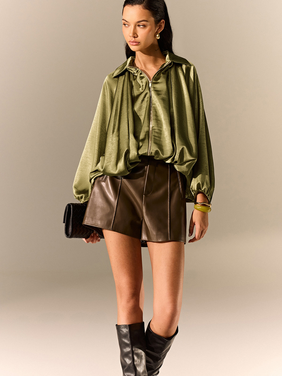 Satin Pleated Lantern-Sleeve Shirt Jacket-Massicos