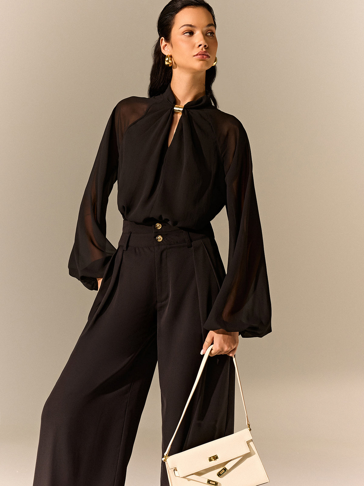 Semi-Sheer Chiffon Blouse with Neckline Metal Detail-Massicos