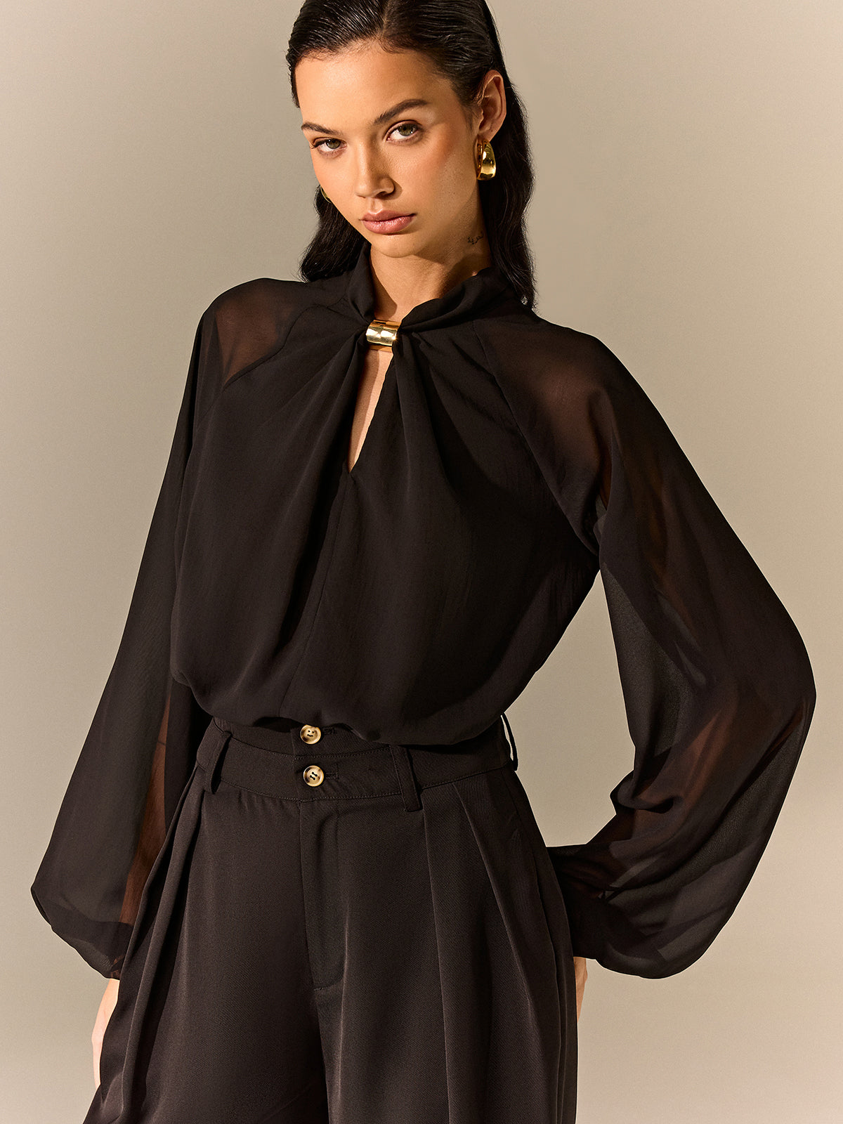 Semi-Sheer Chiffon Blouse with Neckline Metal Detail-Massicos