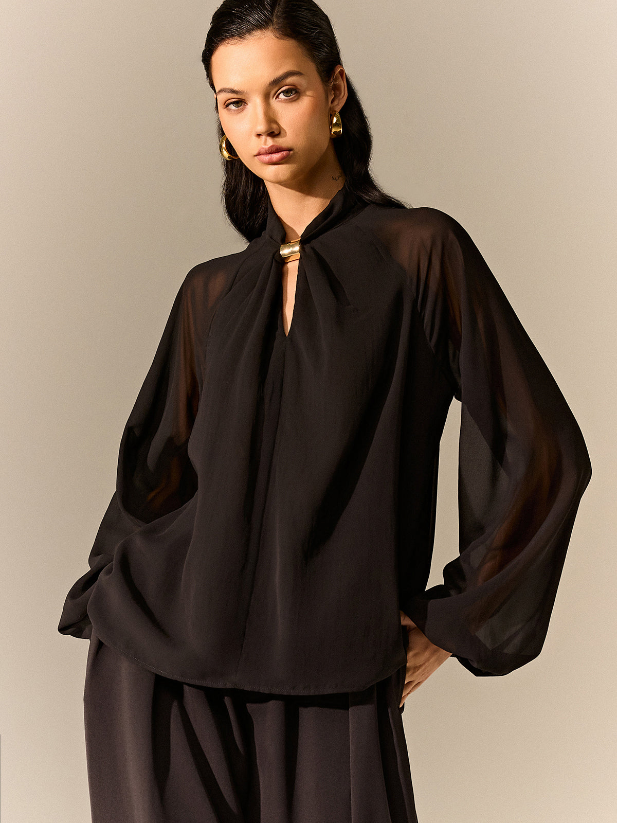 Semi-Sheer Chiffon Blouse with Neckline Metal Detail-Massicos