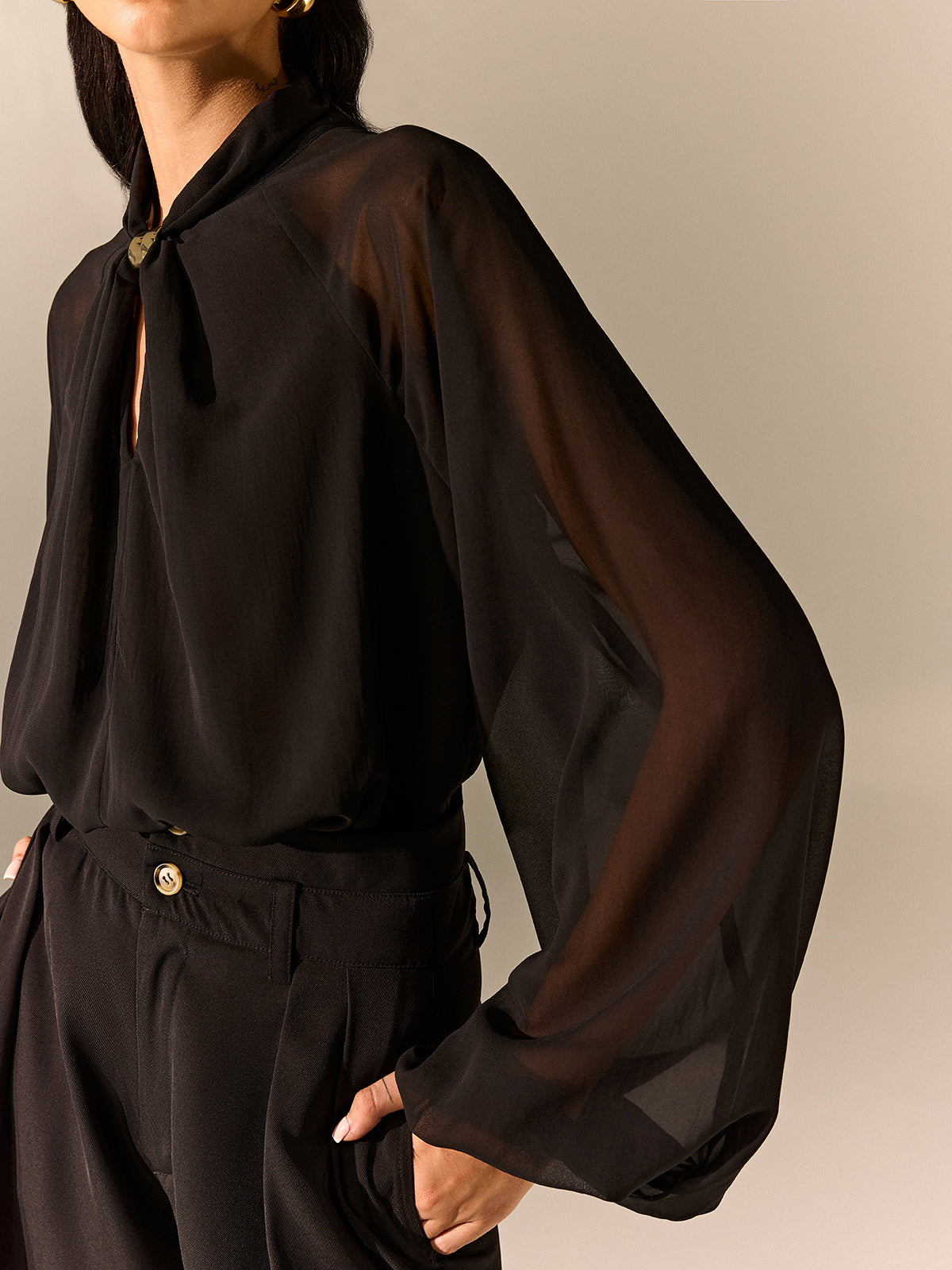 Semi-Sheer Chiffon Blouse with Neckline Metal Detail-Massicos