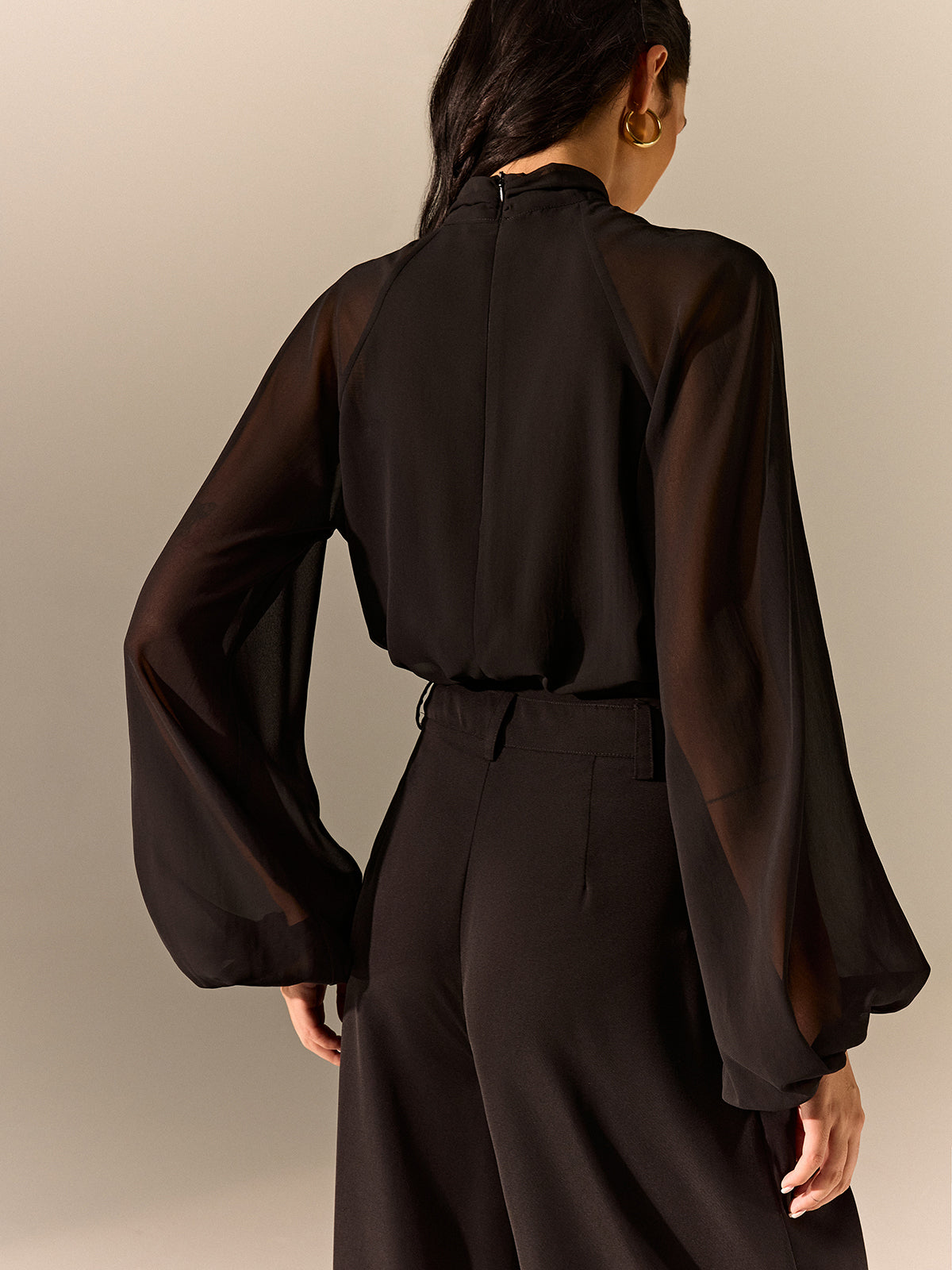 Semi-Sheer Chiffon Blouse with Neckline Metal Detail-Massicos
