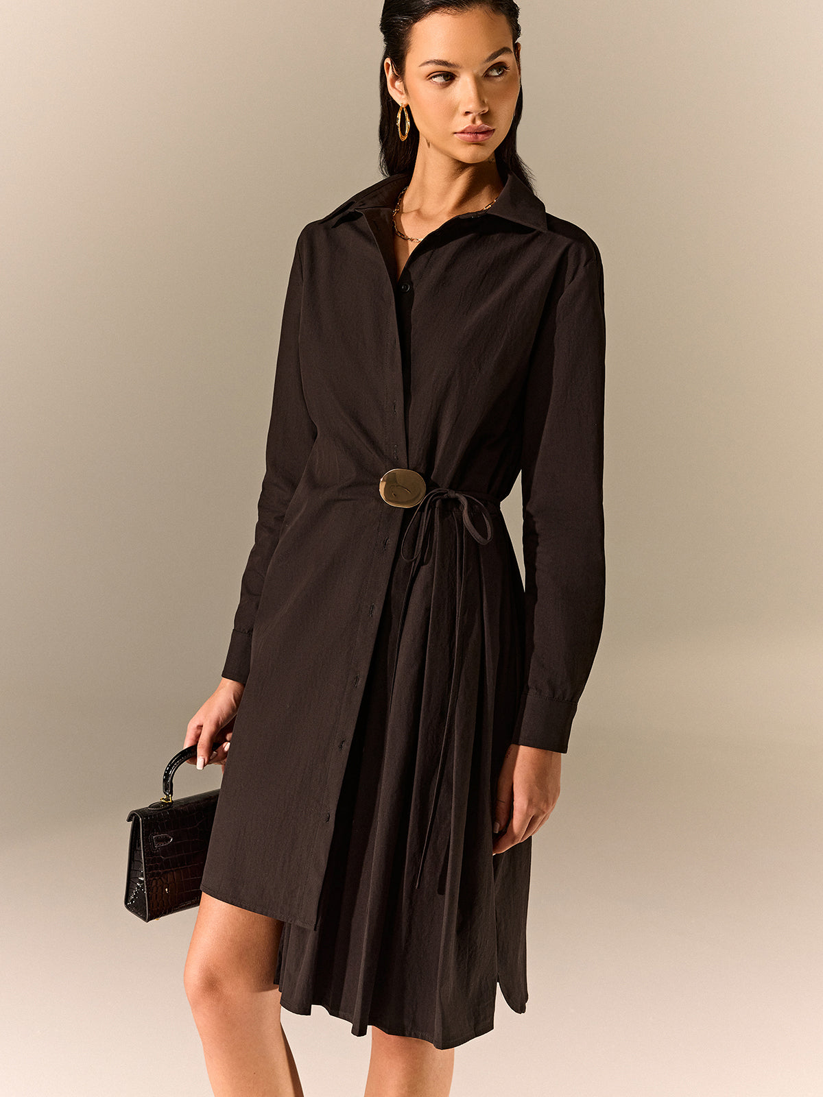 Asymmetric Pleated Hem Shirt Dress-Massicos