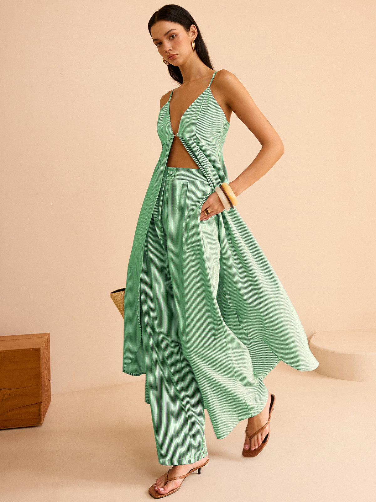 Striped Long Cami Top and Wide-Leg Pants Set-Massicos