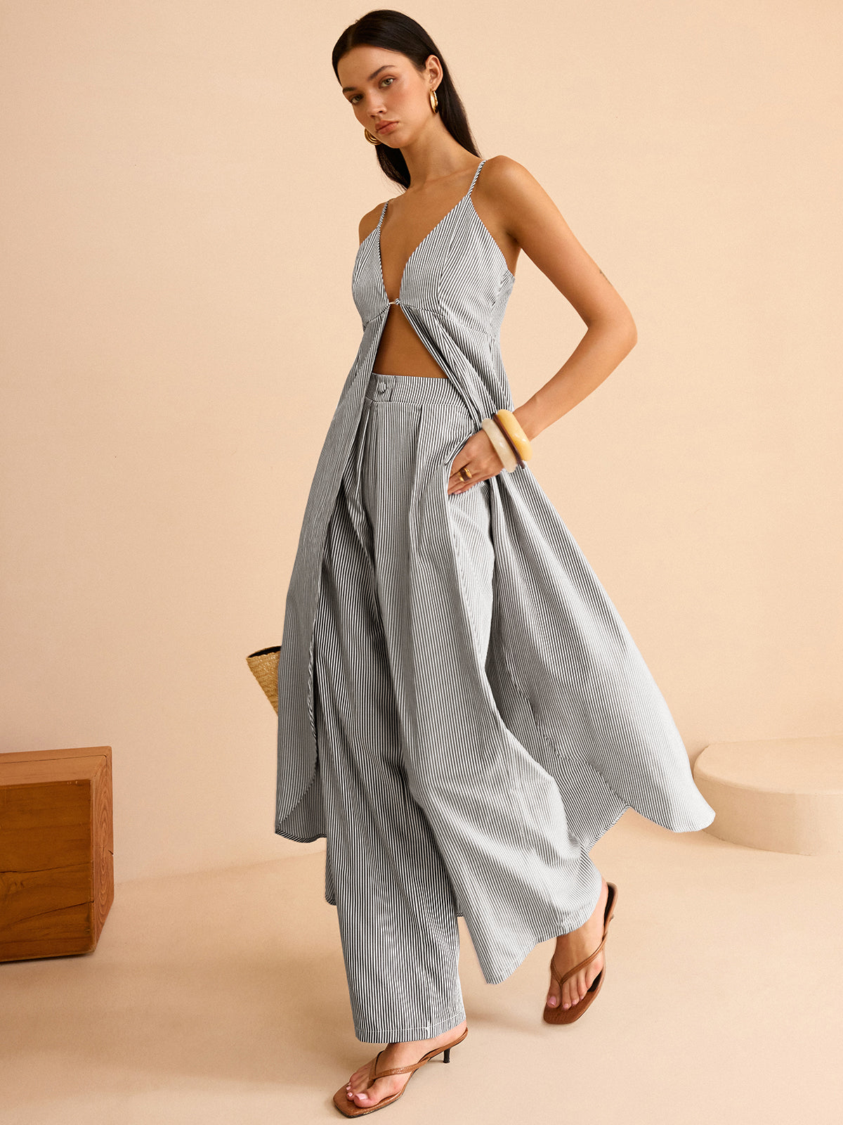 Striped Long Cami Top and Wide-Leg Pants Set-Massicos