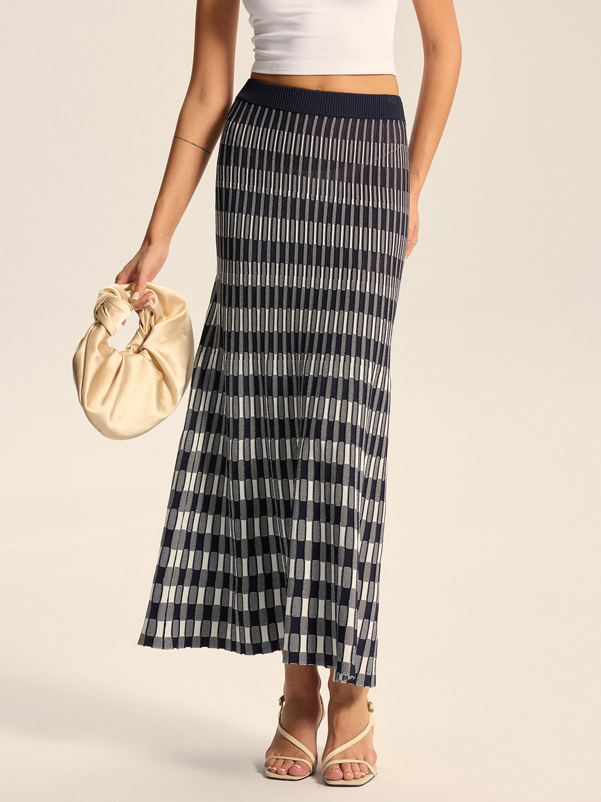 Checkered Knit Maxi Skirt-Massicos