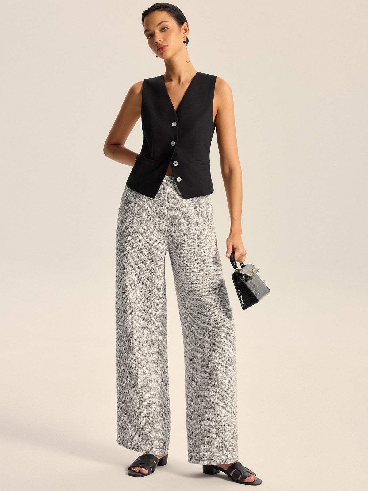 Textured Tweed Wide-Leg Pants-Massicos