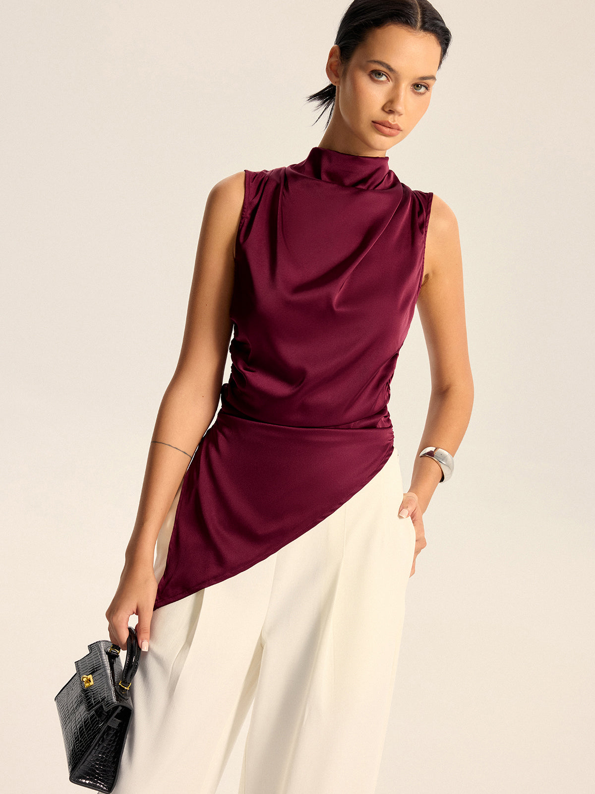 Satin Cowl Neck Asymmetric Hem Top with Back Zipper-Massicos