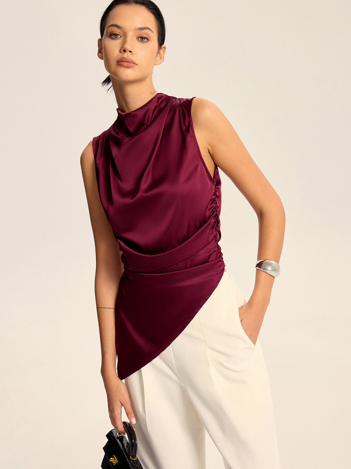 Satin Cowl Neck Asymmetric Hem Top with Back Zipper-Massicos