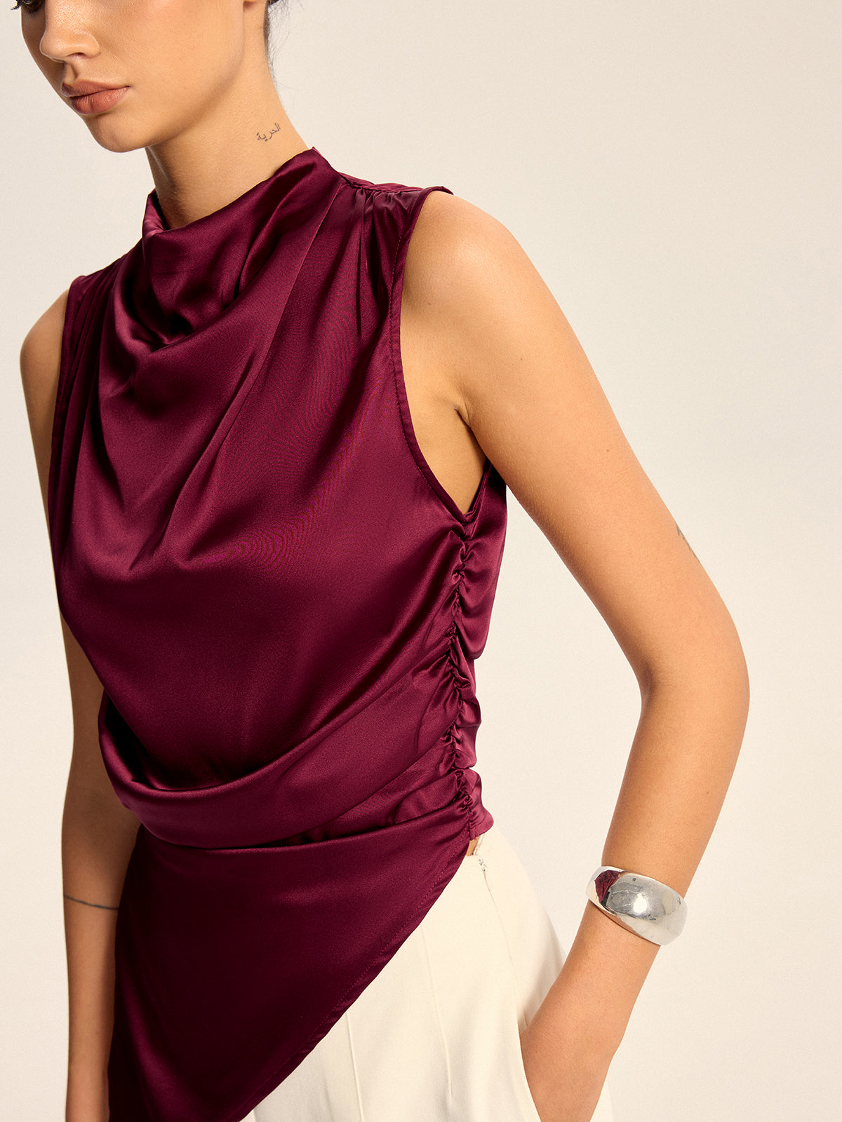 Satin Cowl Neck Asymmetric Hem Top with Back Zipper-Massicos