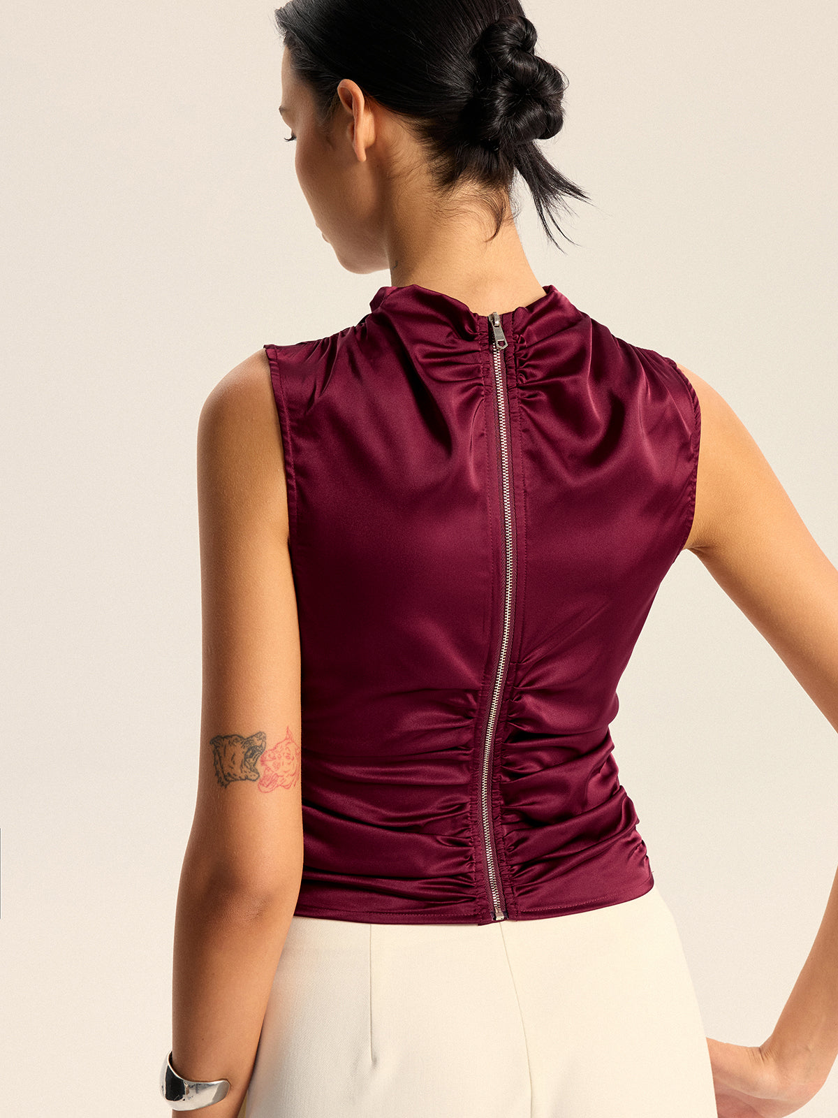 Satin Cowl Neck Asymmetric Hem Top with Back Zipper-Massicos