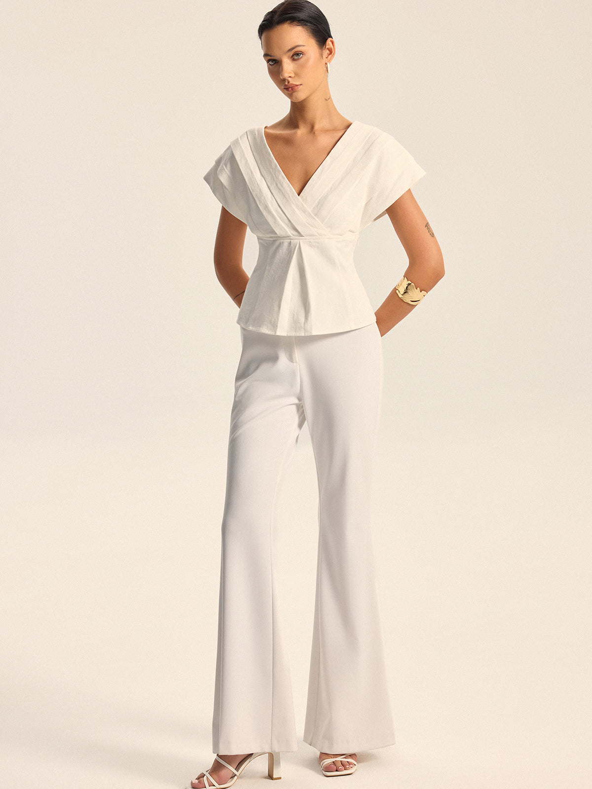 V-Neck Cap Sleeve Peplum Top-Massicos