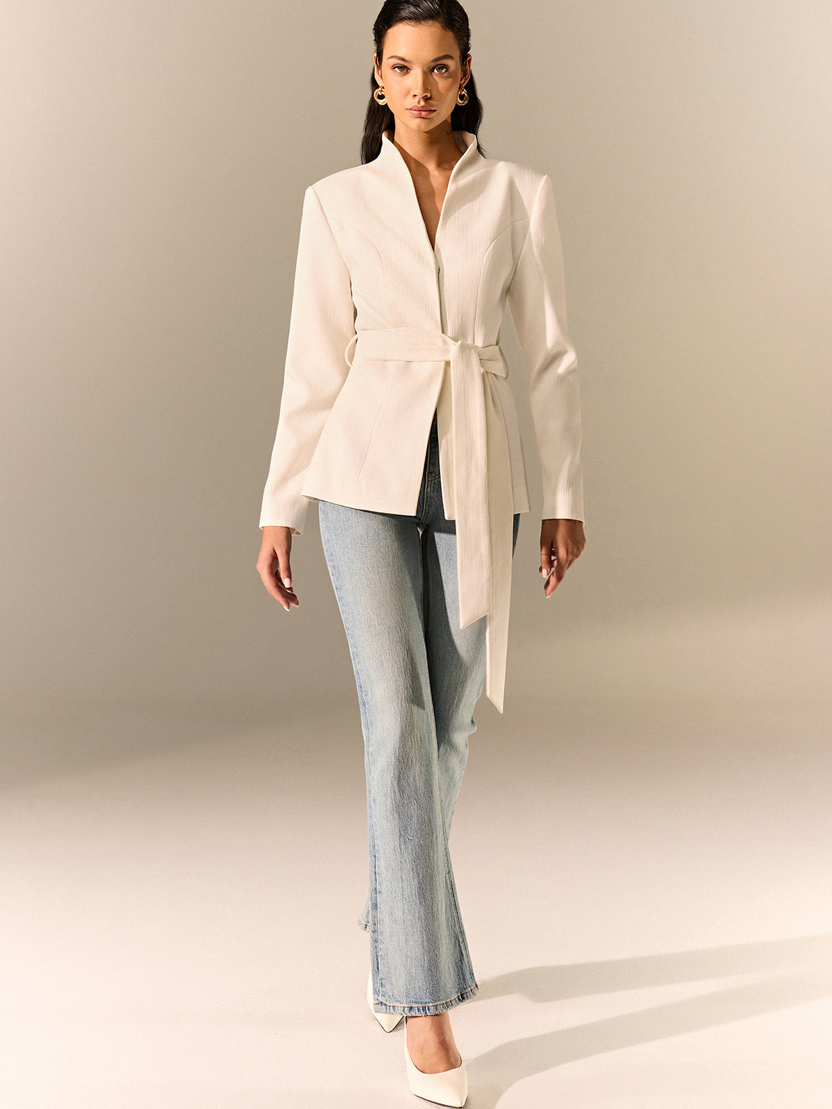Stand Collar Belted Long Sleeve Blazer-Massicos
