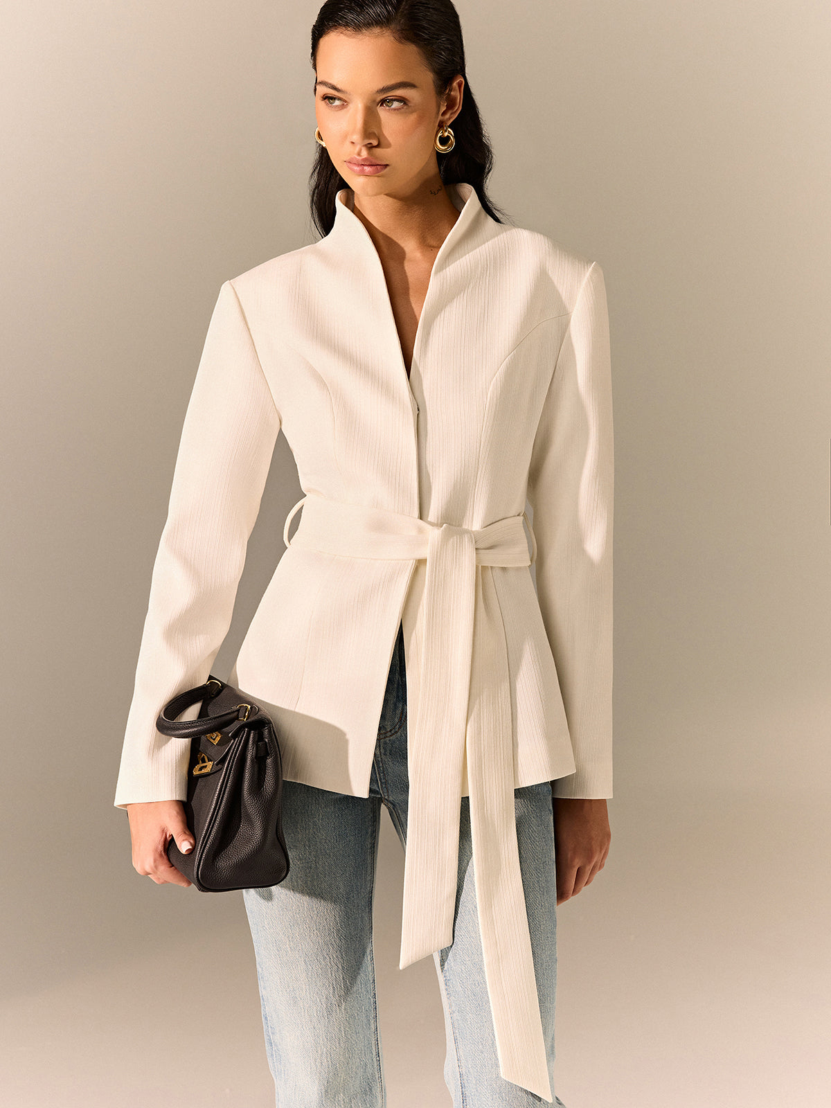 Stand Collar Belted Long Sleeve Blazer-Massicos