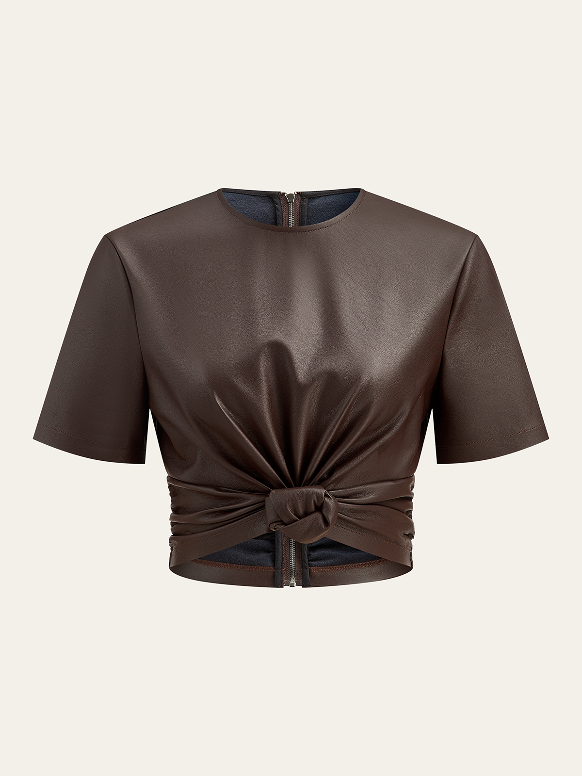 Back Zipper PU Leather Twist T-Shirt-Massicos