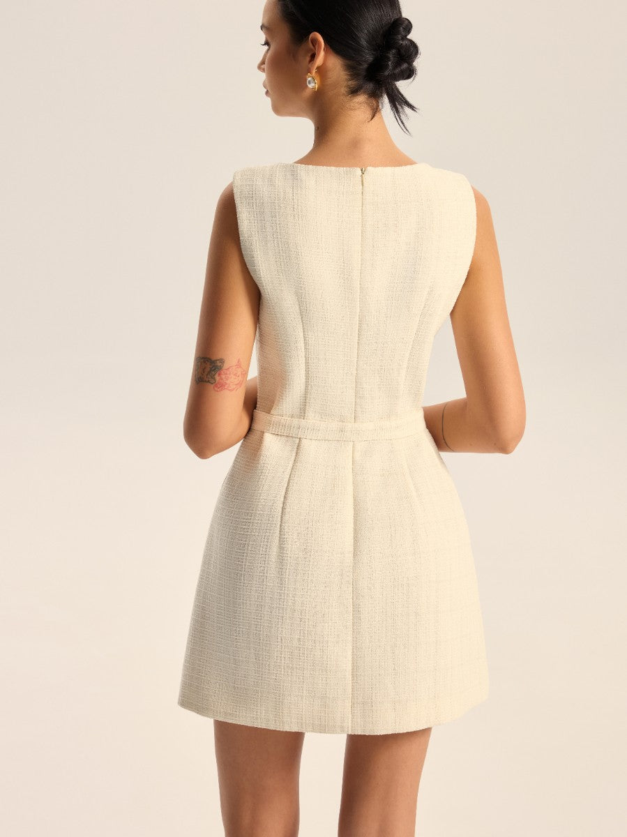 Tweed Slit Mini Dress with Detachable Belt-Massicos