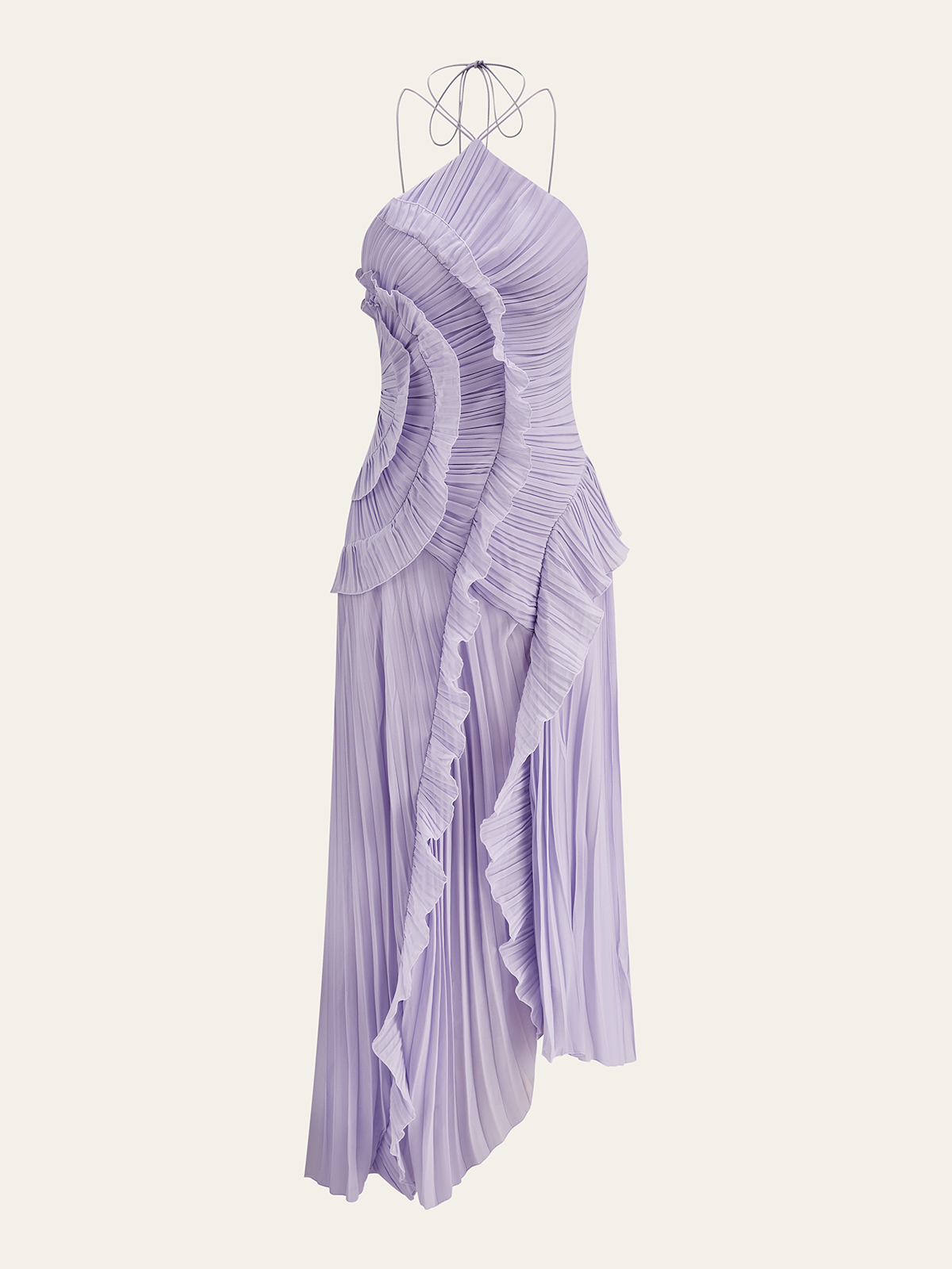 Chiffon Pleated Ruffle Halter Neck Maxi Dress-Massicos